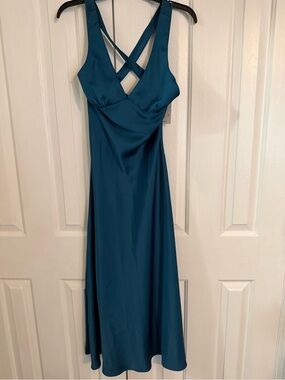 Teal Satin Cross-Back Midi Dress